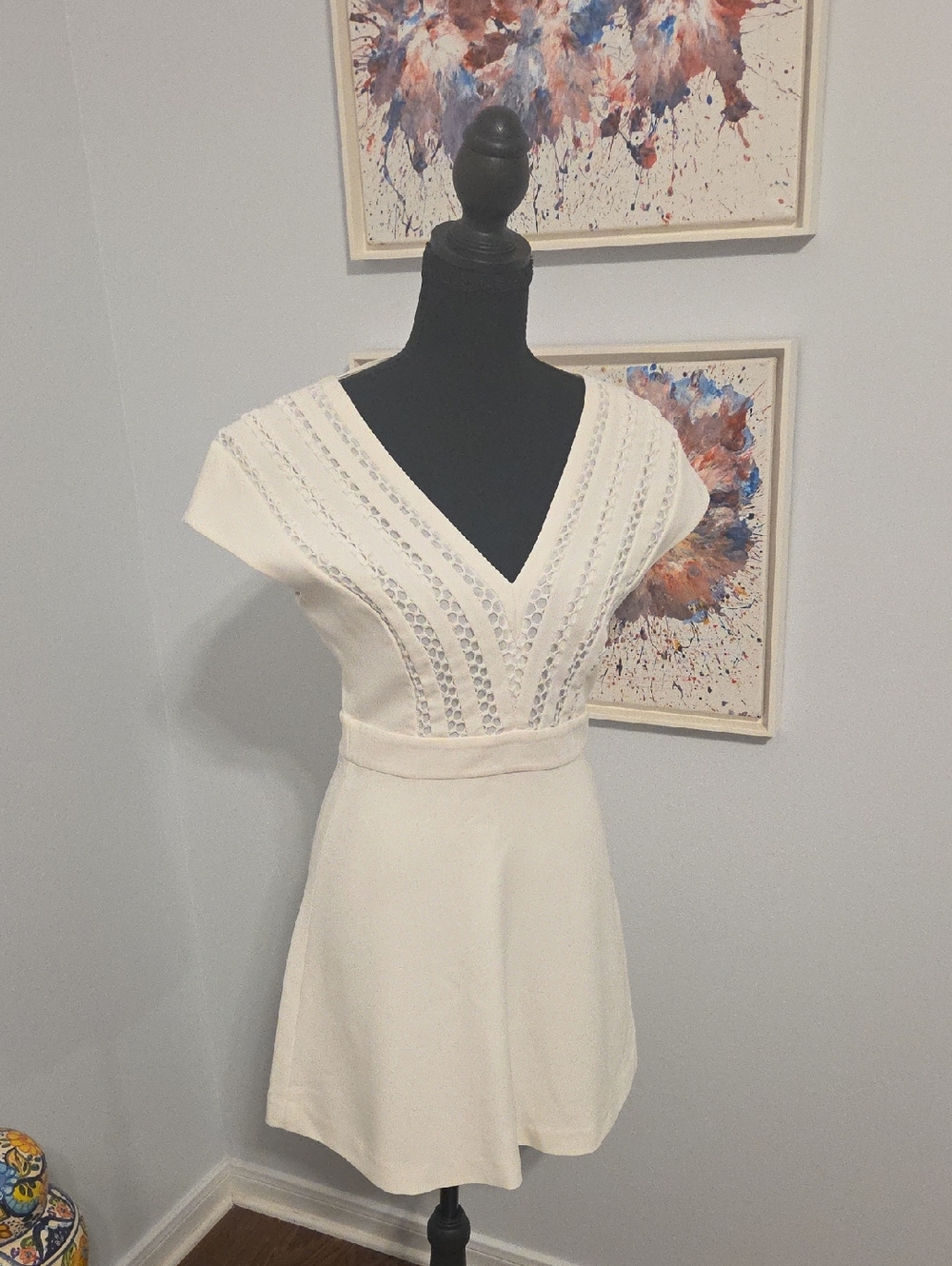 Sandro Cream V‑Neck Lace‑Inset Mini Dress